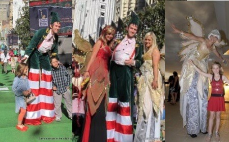 Chrystal the Christmas Fairy and Cheeky the Elf, stilt walker in Melbourne