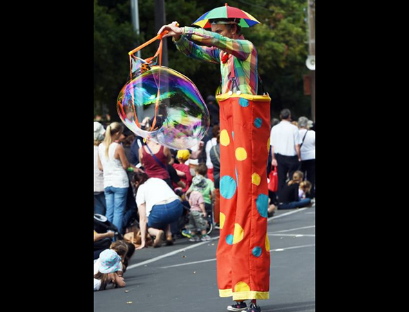 Clown On Stilts, stilt walker in Melbourne