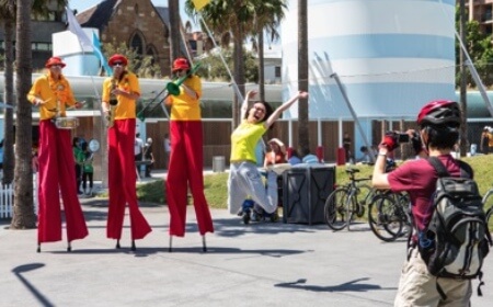 Musical Life Savers on Stilts, stilt walker in Sydney